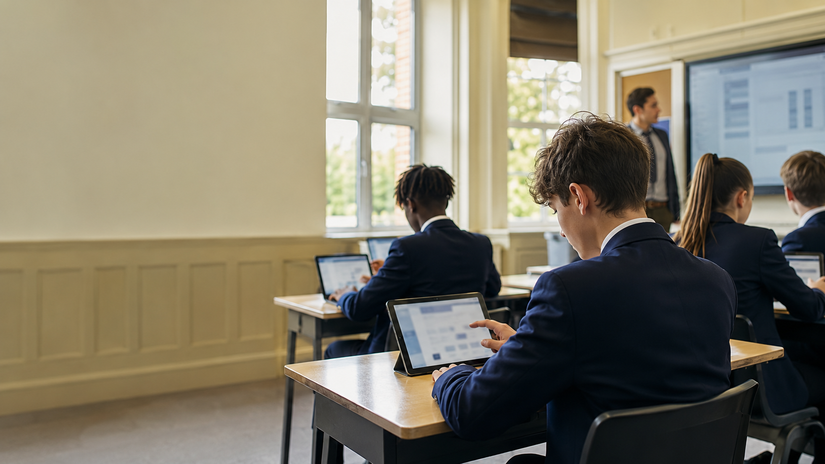 Students using digital learning technology in a bright classroom