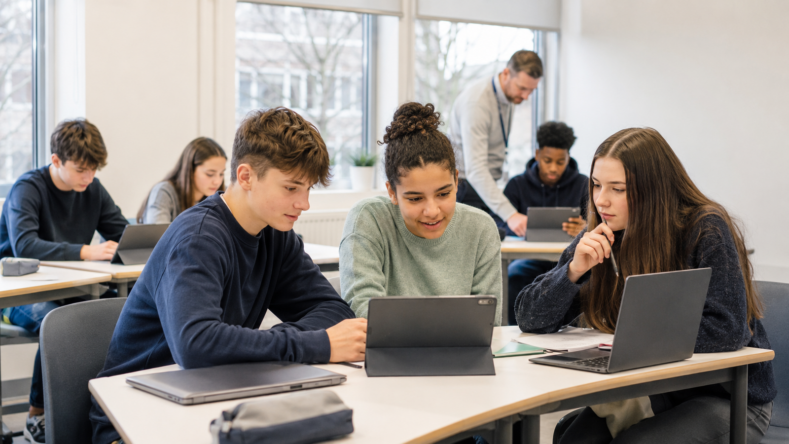 Students using managed devices in a classroom